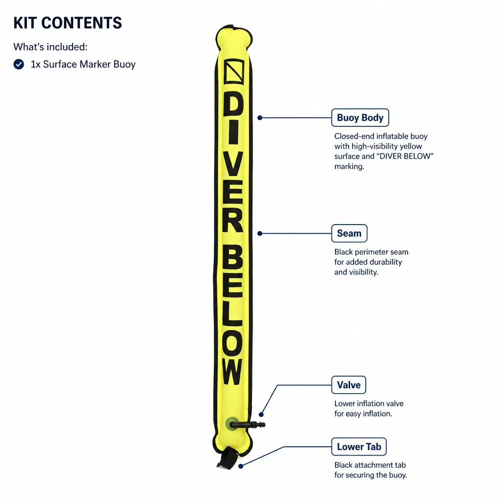 Diving Surface Marker Buoy and included accessories