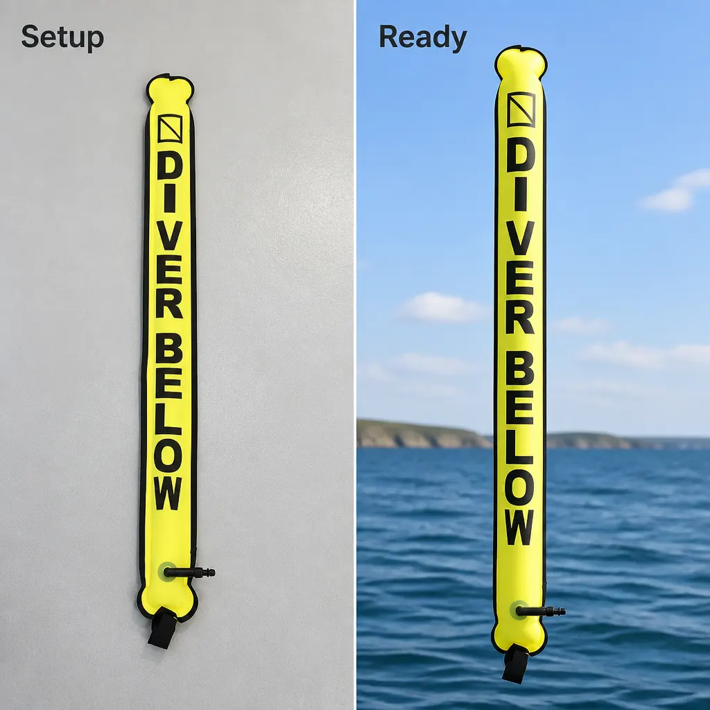 Diving Surface Marker Buoy setup and use views