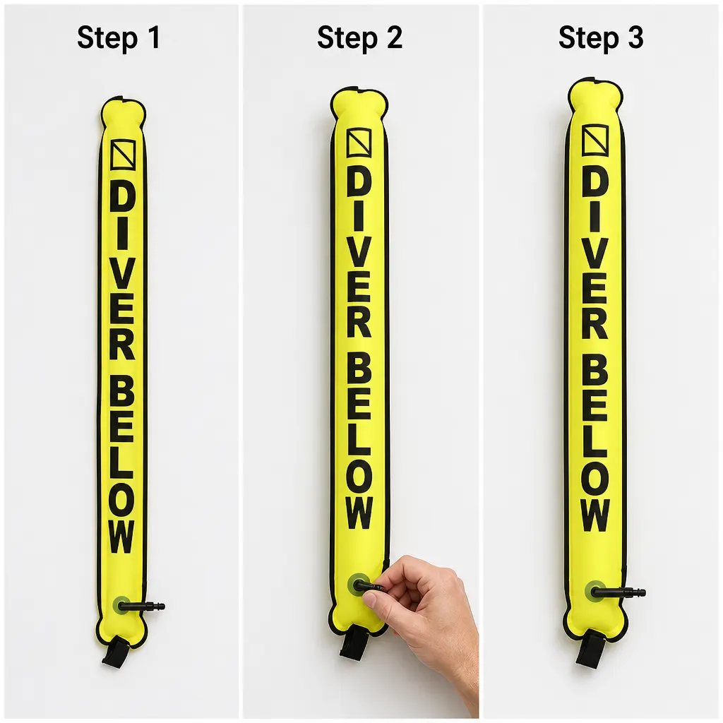 Diving Surface Marker Buoy setup and use views
